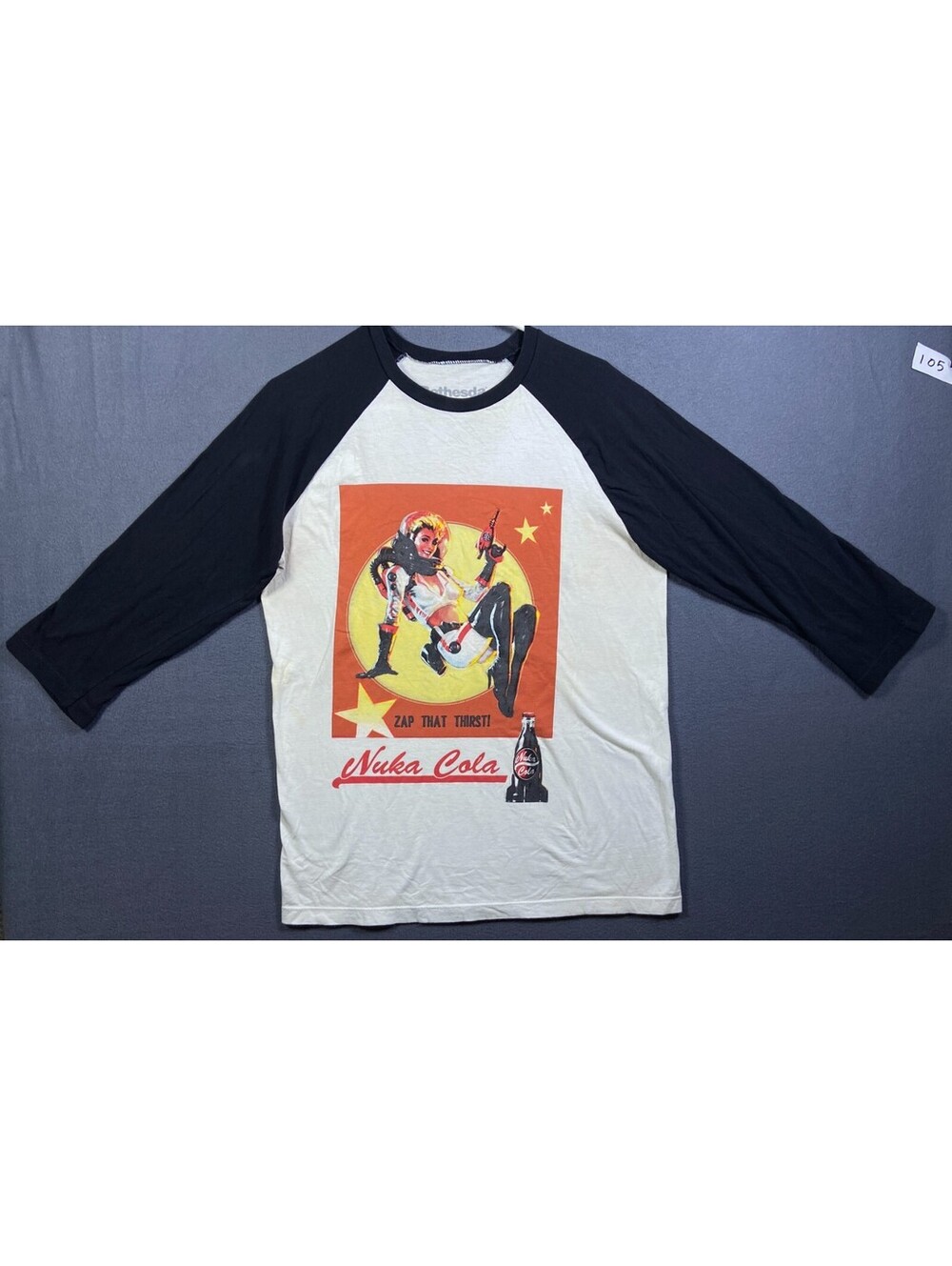 THRASHED NUKA COLA RINGER T SHIRT FALLOUT 4 VIDEO GAME GAMER SEE PICS MANY STAIN